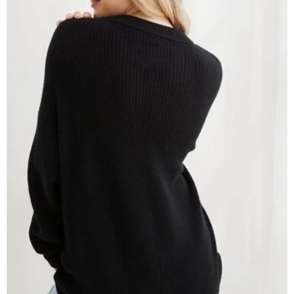 Aerie NWT M over-sized black cotton waffle knit all-season slouchy sweate… - Picture 2 of 7